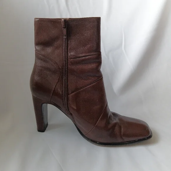 3.5" Heels Brown Real-Leather Ankle Zipper Boots - Picture 3 of 16